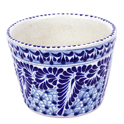 Ceramic flower pot, 'Cobalt Flourish' - Blue and Off-White Ceramic Planter