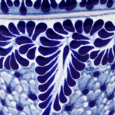 Ceramic flower pot, 'Cobalt Flourish' - Blue and Off-White Ceramic Planter