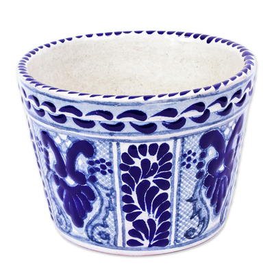 Ceramic flower pot, 'Puebla Arabesque' - Artisan Crafted Ceramic Flower Pot