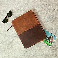 Leather travel folio, 'On the Move' - Brown Leather Tablet and Travel Case