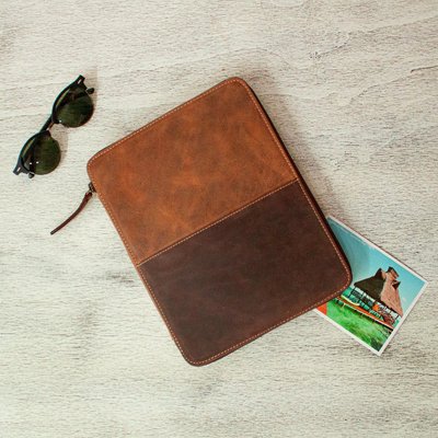 Portafolio de viaje de piel - Tableta de cuero marrón y estuche de viaje
