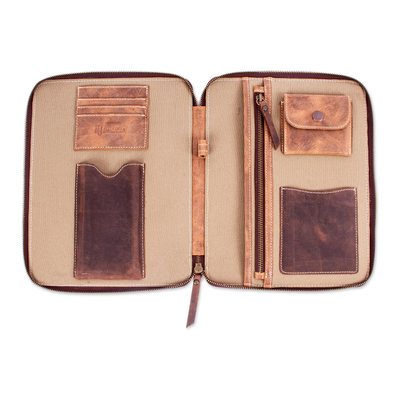 Leather travel folio, 'On the Move' - Brown Leather Tablet and Travel Case