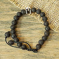 Men's lava stone and sterling silver beaded bracelet, 'Spartan' - Sterling and Lava Stone Men's Bracelet