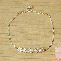 Sterling silver pendant bracelet, 'Roses of Taxco' - Rose Motif Sterling Silver Bracelet