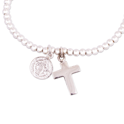 Sterling silver charm stretch bracelet, 'Cross of Saint Benedict' - Saint Benedict Charm Bracelet