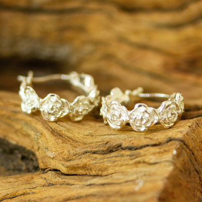 Sterling silver hoop earrings, 'Roses of Taxco' - Handmade Silver Rose Hoop Earrings