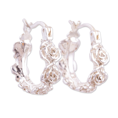 Sterling silver hoop earrings, 'Roses of Taxco' - Handmade Silver Rose Hoop Earrings