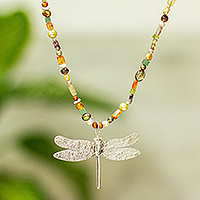 Multi-gemstone pendant necklace, 'Rainbow Dragonfly' - Multi-Gemstone Taxco Silver Dragonfly Pendant Necklace