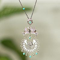 Turquoise pendant necklace, 'Vintage Doves in Love' - Turquoise and Taxco Silver Dove Pendant Necklace from Mexico
