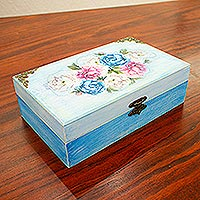 Decoupage wood jewelry box, 'Treasured Peonies' - Peony Motif Jewelry Box