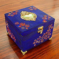 Wood jewelry box, 'Shining Heart' - Hand-Painted Blue Jewelry Box