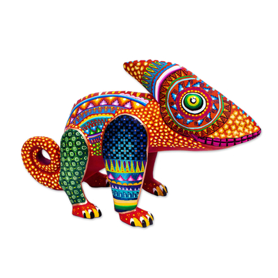 Wood alebrije sculpture, 'Ocotlan Chameleon' - Hand-Painted Alebrije Chameleon