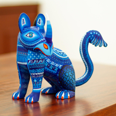 Wood alebrije sculpture, 'Blue Rhino' - Artisan Crafted Rhino Alebrije