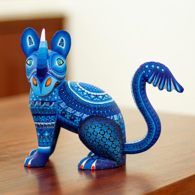 Wood alebrije sculpture, 'Blue Rhino' - Artisan Crafted Rhino Alebrije