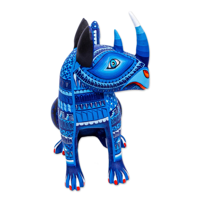 Wood alebrije sculpture, 'Blue Rhino' - Artisan Crafted Rhino Alebrije