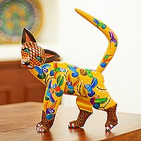 Wood alebrije sculpture, 'Cosmic Cat' - Handmade Cat Alebrije