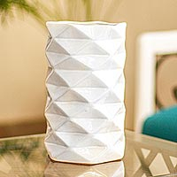 Decorative ceramic vase, 'Diamond Tower' - White Ceramic Decorative Vase