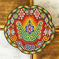 Beadwork wall decor, 'Maize Peyote Duality' - Handmade Mexico Huichol Nierika Peyute & Corn Beadwork