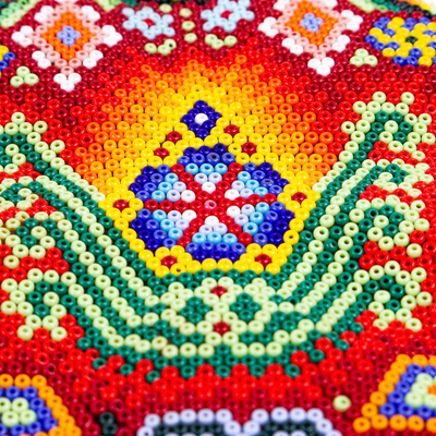 Beadwork wall decor, 'Maize Peyote Duality' - Handmade Mexico Huichol Nierika Peyute & Corn Beadwork