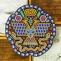 Beadwork wall decor, 'Mind Body Wisdom' - Handmade Mexico Huichol Nierika Eagle Snake Beadwork