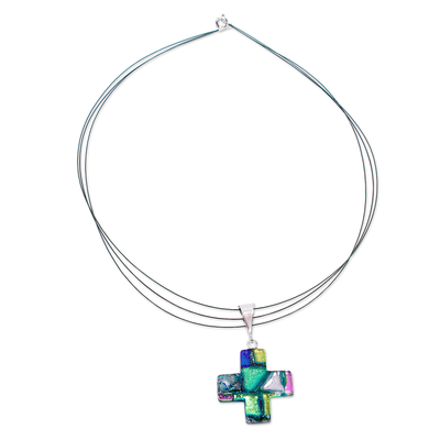 Dichroitische Kunstglas-Kreuz-Halskette - Kunsthandwerklich gefertigte Kreuz-Halskette aus schillerndem dichroitischem Kunstglas