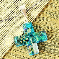Dichroic art glass cross necklace, 'Caribbean Spirit' - Handmade Dichroic Art Glass Cross Necklace in Turquoise Tone