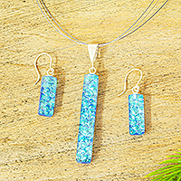 Dichroic art glass jewelry set, 'Crystalline Sky' - Dichroic Art Glass Icy Blue Necklace & Earrings Set