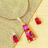Dichroic art glass jewelry set, 'Glorious Pyramid' - Red & Rose Dichroic Art Glass Jewelry Set
