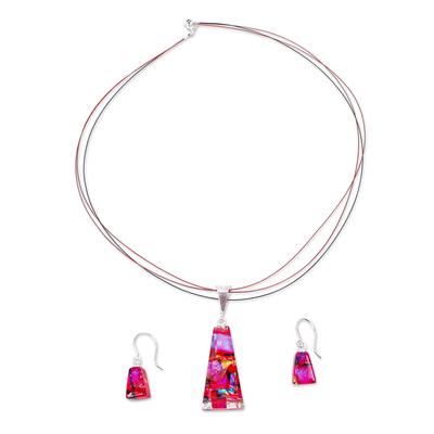 Dichroic art glass jewelry set, 'Glorious Pyramid' - Red & Rose Dichroic Art Glass Jewelry Set