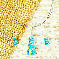 Conjunto de joyas de vidrio de arte dicroico, 'Pirámide del Caribe' - Conjunto de joyas de vidrio de arte dicroico azul y aguamarina