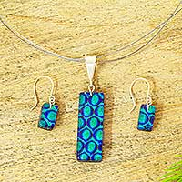 Dichroic art glass jewelry set, 'Caribbean Islands' - Blue & Aqua Dichroic Art Glass Necklace & Earrings Jewelry