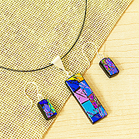 Dichroic art glass jewelry set, 'Radiant Fantasy' - Shimmering Dichroic Art Glass Necklace and Earrings Set