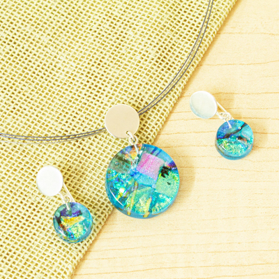 Dichroic art glass jewelry set, 'Luminous Discs' - Aqua Dichroic Art Glass Necklace & Earrings Jewelry Set