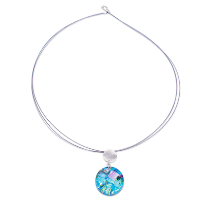 Dichroic art glass jewelry set, 'Luminous Discs' - Aqua Dichroic Art Glass Necklace & Earrings Jewelry Set