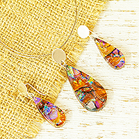 Dichroic art glass jewelry set, 'Golden Reflections' - Dichroic Art Glass Necklace & Earrings Set in Sunny Colors