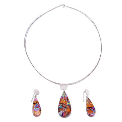 Juego de joyas de cristal de arte dicroico - Juego de collar y aretes de vidrio de arte dicroico en colores soleados