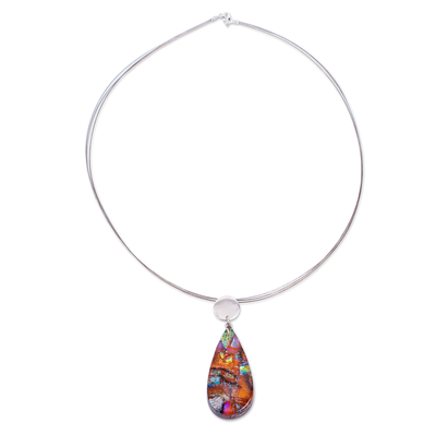 Juego de joyas de cristal de arte dicroico - Juego de collar y aretes de vidrio de arte dicroico en colores soleados