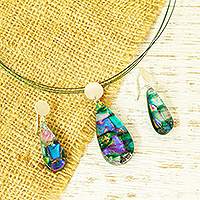 Dichroic art glass jewelry set, 'Luminous Summer' - Mexican Summer Greenery Dichroic Art Glass Jewelry Set