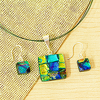 Dichroic art glass jewelry set, 'Cool Iridescence' - Blue & Yellow Dichroic Art Glass Necklace & Earrings Set