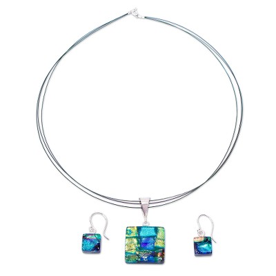 Dichroic art glass jewelry set, 'Cool Iridescence' - Blue & Yellow Dichroic Art Glass Necklace & Earrings Set