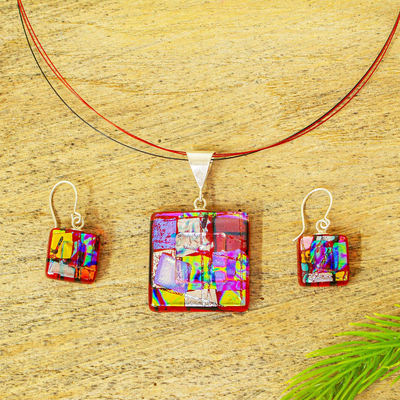 Dichroic art glass jewelry set, 'Red Iridescence' - Red Multicolor Dichroic Art Glass Necklace & Earrings Set
