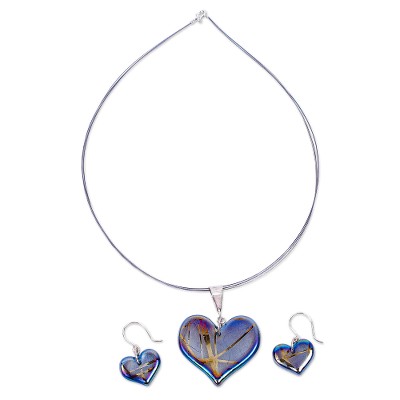 Dichroic art glass cross jewelry set, 'Iridescent Blue Hearts' - Artisan Crafted Blue Dichroic Art Glass Heart Jewelry Set