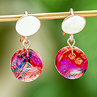 Dichroic art glass dangle earrings, 'Radiant Discs' - Scarlet Dichroic Art Glass & Silver Circular Dangle Earrings
