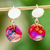 Dichroic art glass dangle earrings, 'Radiant Discs' - Scarlet Dichroic Art Glass & Silver Circular Dangle Earrings thumbail