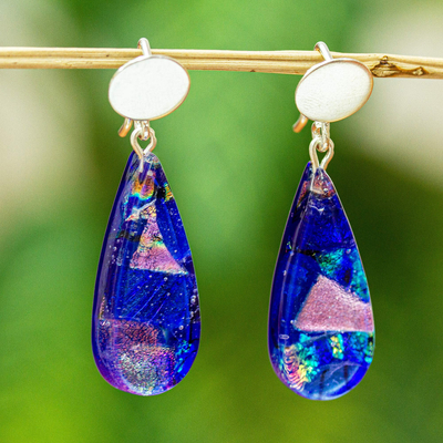Dichroic art glass dangle earrings, Deep Blue Reflections