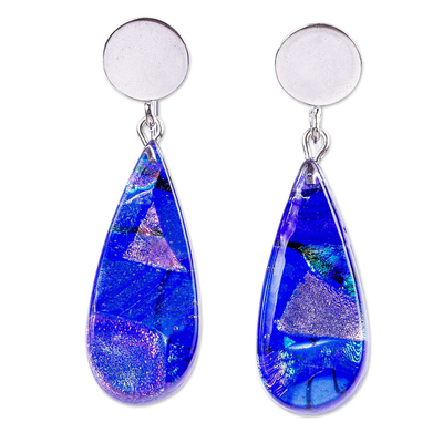 Dichroic Art Glass and Silver Earrings in Deep Blue