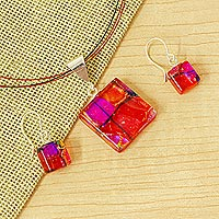Dichroic art glass jewelry set, 'Scarlet Glow' - Scarlet Dichroic Art Glass Necklace & Earrings Jewelry Set