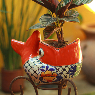 Ceramic planter, 'Talavera Goldfish' - Mexican Hand Painted Talavera Style Fish Planter