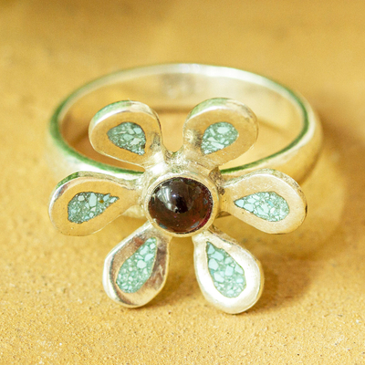 Garnet cocktail ring, 'Flower Gem' - Flower Ring with Garnet