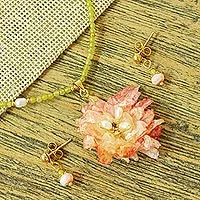 Conjunto de joyas de flores naturales y piedras preciosas, 'Begonia Beauty' - Conjunto de joyas de flores de Begonia con piedras preciosas